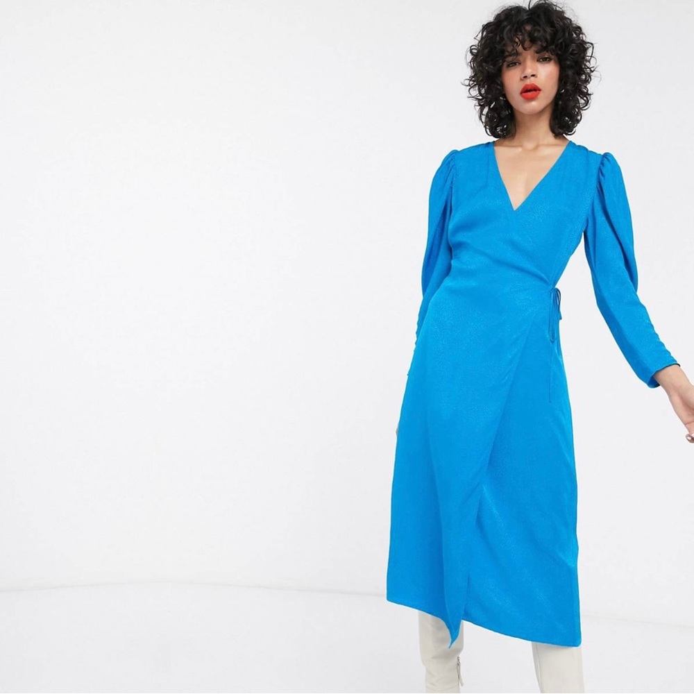 & Other Stories Dotted Jacquard Midi Wrap Dress in Blue